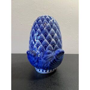 Cobalt Blue & White Painted Ceramic Egg Home Room Decor 7.5" Tall Geometric